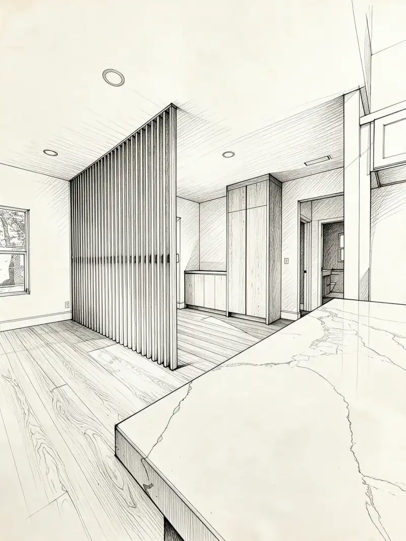 Living space remodeled by AZ Elevated Builders, with a wood slat divider, built-in oak cabinetry and a quartz counter, shown first as a sketch